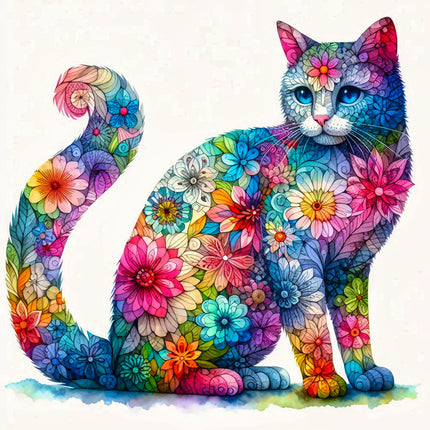 A colorful fabric panel featuring a floral cat 