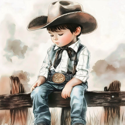 A fabric panel featuring a young child dressed as a cowboy, sitting on a fence, wearing a large hat and a shirt with a bow tie.