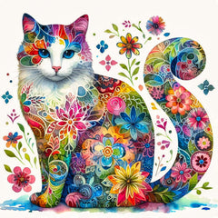 A colorful fabric panel featuring a floral cat design with a variety of flowers and leaves in vibrant hues.