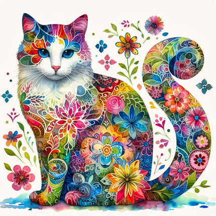 A colorful fabric panel featuring a floral cat design with a variety of flowers and leaves in vibrant hues.
