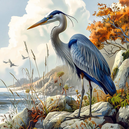 A digitally printed fabric panel featuring a blue heron bird standing on a rock by a body of water with autumn-colored trees in the background.
