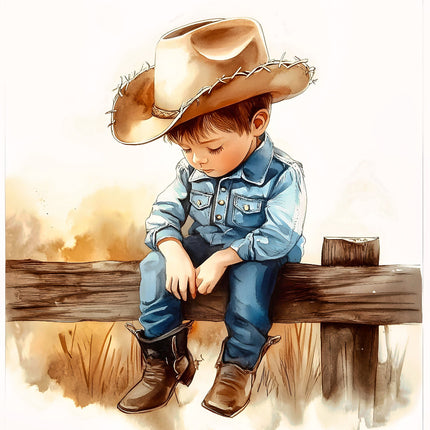 A fabric panel featuring a young child dressed as a cowboy fabric panel