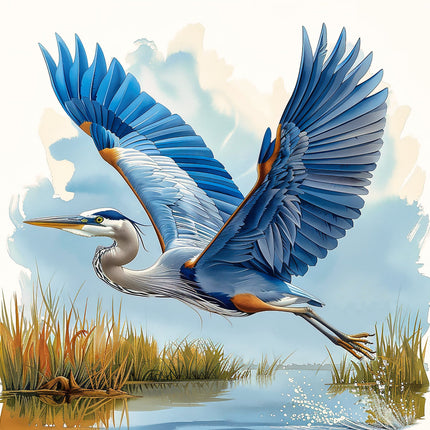 A digitally printed fabric panel featuring a blue heron bird in flight with wings extended, above a body of water and grassy reeds.