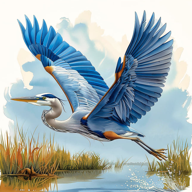 A digitally printed fabric panel featuring a blue heron bird in flight with wings extended, above a body of water and grassy reeds.