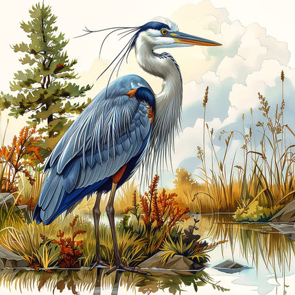 A digitally printed 100% cotton fabric panel featuring a blue heron bird in a wetland setting with trees and foliage.