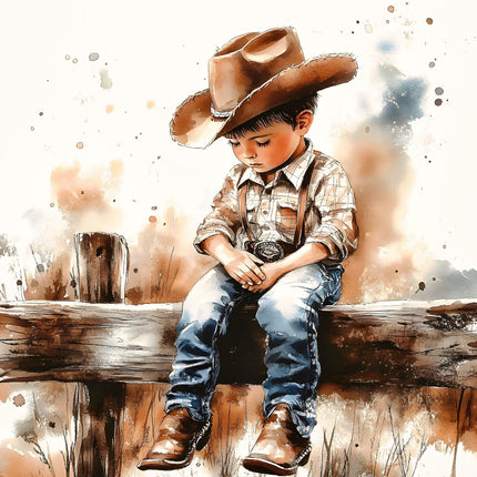 A fabric panel featuring a young child dressed as a cowboy, sitting on a fence.