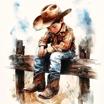 A fabric panel featuring a child dressed as a cowboy, sitting on a fence post, with a watercolor illustration style.
