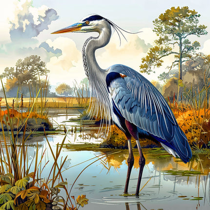 Painting of a heron standing in a marshy area with trees fabric panel