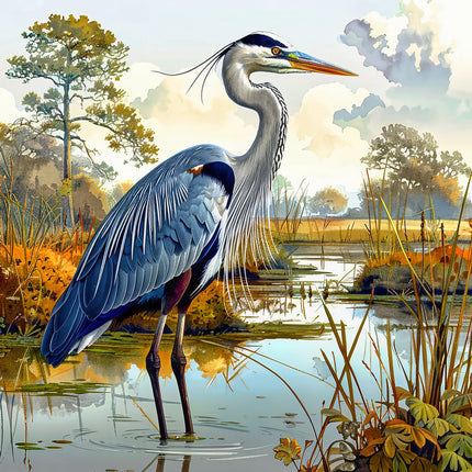 heron standing in a marshy area fabric panel