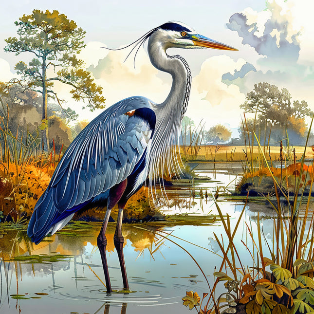 heron standing in a marshy area fabric panel
