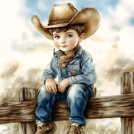 A fabric panel block depicting a young child dressed as a cowboy, sitting on a fence