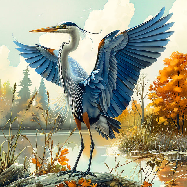 A digitally printed fabric panel featuring a blue heron bird with wings spread standing on a rock, with autumn trees and a body of water in the background.