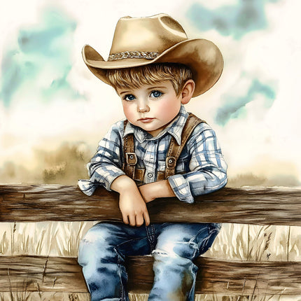A fabric panel featuring a digitally printed image of a young child wearing a cowboy hat, seated on a fence.