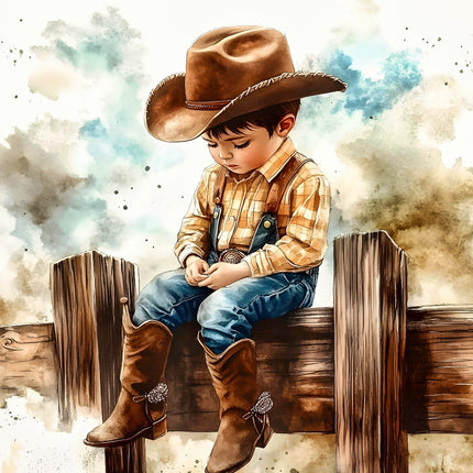 A fabric panel featuring a young child dressed as a cowboy, sitting on a fence.