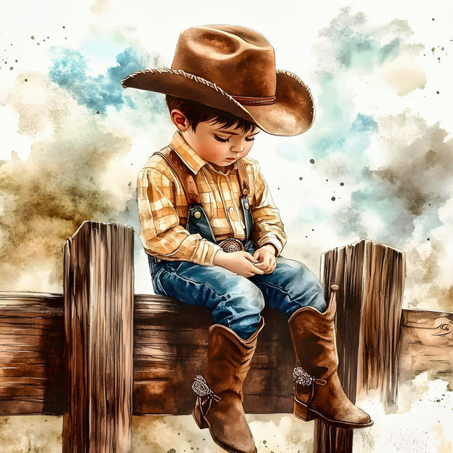Child in cowboy outfit sitting on a wooden fence quilt block