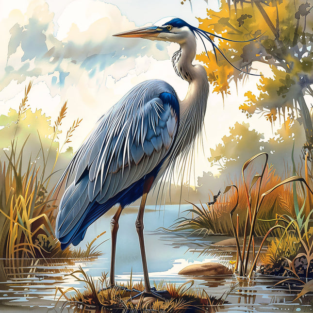 A fabric panel featuring a digitally printed blue heron standing in a marshy area with trees and foliage in the background.