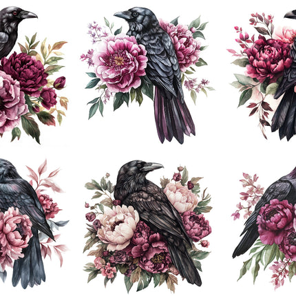 Set of six black crows surrounded by pink and purple flowers quilt blocks