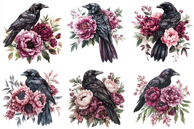 Set of six black crows surrounded by pink and purple flowers quilt blocks