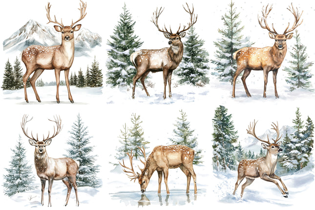 6 Piece 4"x4" Winter Deer 100% Cotton Fabric Panel Squares Quilting Blocks