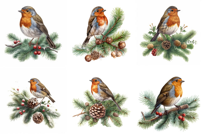 6 Piece 6"x6" Winter Robin Birds 100% Cotton Fabric Panel Squares Quilting Blocks