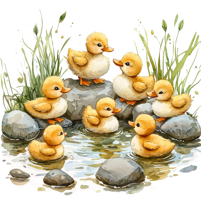 A digitally printed 100% cotton fabric panel featuring a group of yellow ducklings gathered around a pond with rocks and green grass.