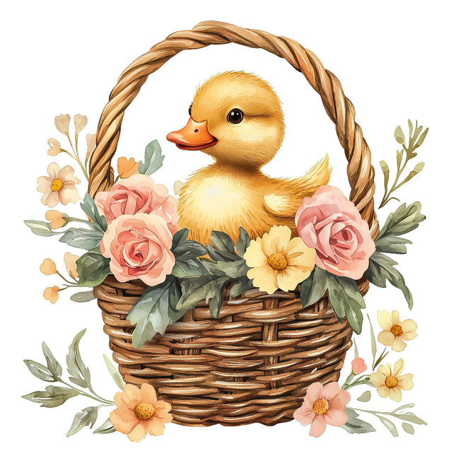 A fabric panel featuring a digitally printed design with a duck duckling in a basket surrounded by flowers.