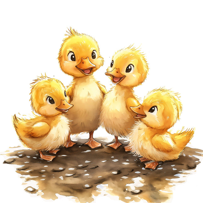 A digitally printed fabric panel featuring four yellow ducklings in a row on a brown ground.