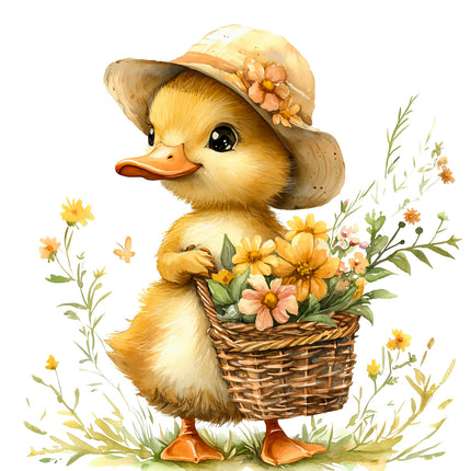 A digitally printed fabric panel featuring a cute duckling with a hat and a basket of flowers.
