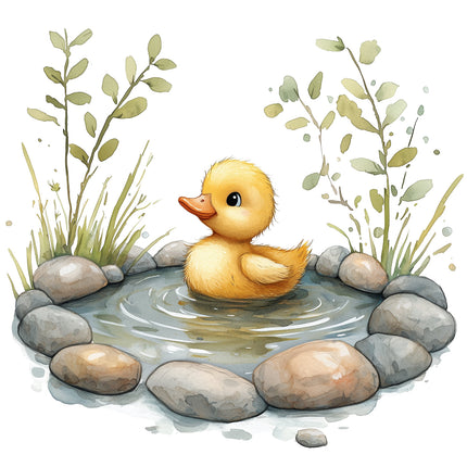 A digitally printed 100% cotton fabric panel featuring a cute duck duckling sitting in a pond surrounded by rocks and greenery.