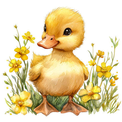 A digitally printed fabric panel featuring a cute duckling surrounded by yellow flowers and green grass.