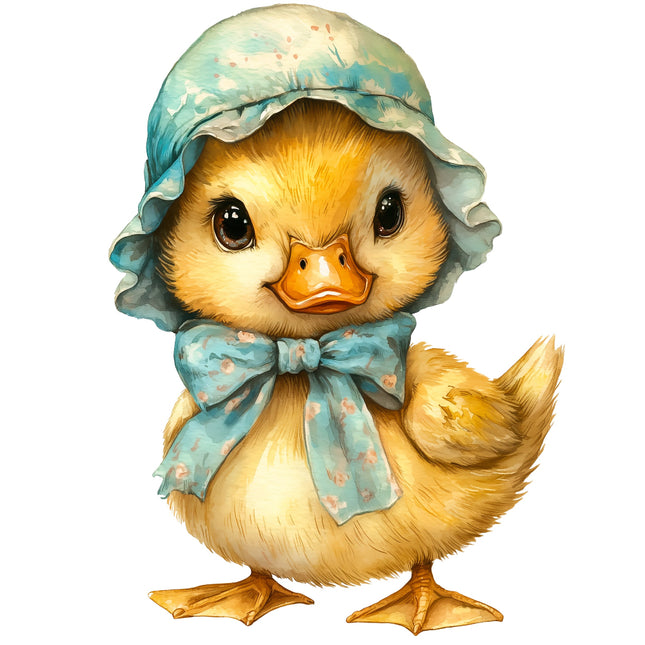 A digitally printed 100% cotton fabric panel featuring a cute duckling with a blue bow and hat.