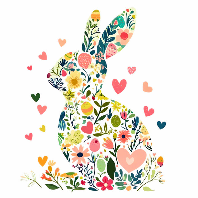 Colorful floral design shaped like a rabbit quilt panel