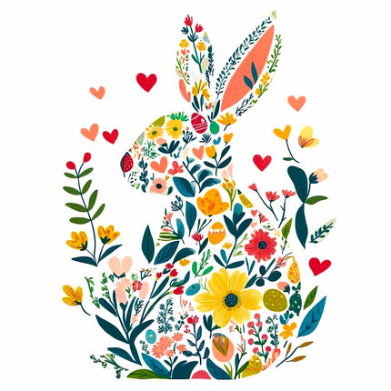A colorful floral fabric panel featuring a bunny rabbit with various flowers and hearts.