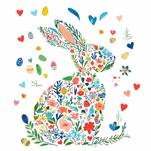 Colorful floral design of a rabbit with hearts and flowers quilt panel