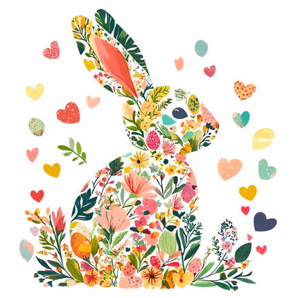 A colorful floral fabric panel featuring a bunny rabbit with various flowers and hearts around it.