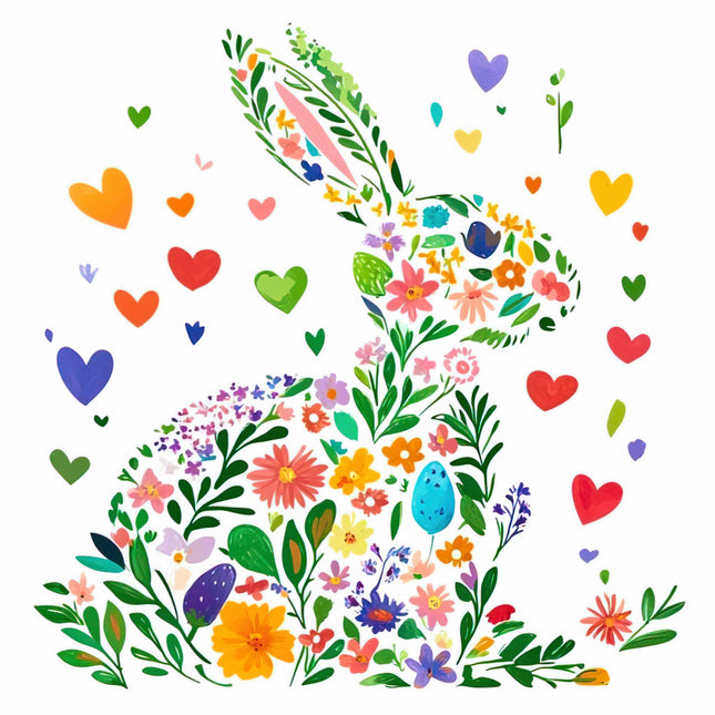 Colorful floral design shaped like a rabbit with hearts and flowers quilt panel