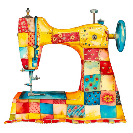 A digitally printed fabric panel featuring a multicolored patchwork sewing machine design.