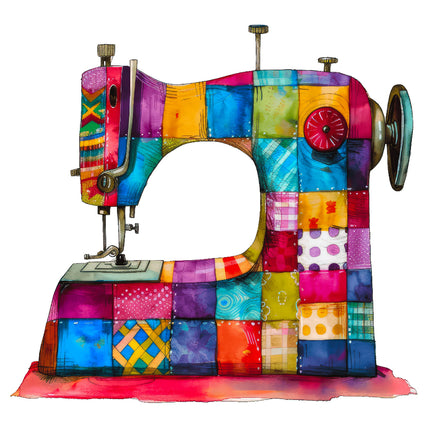 A colorful patchwork fabric panel block depicting a sewing machine design fabric panel