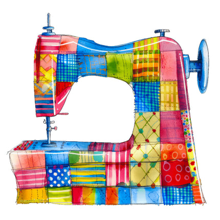 A colorful patchwork fabric panel designed to resemble a sewing machine, with a variety of different patterns and fabrics.