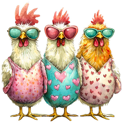 A set of three illustrated chickens wearing sunglasses and dressed in colorful clothing fabric panel