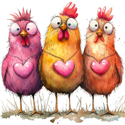 A digitally printed 100% cotton fabric panel featuring three cartoon chickens with hearts.