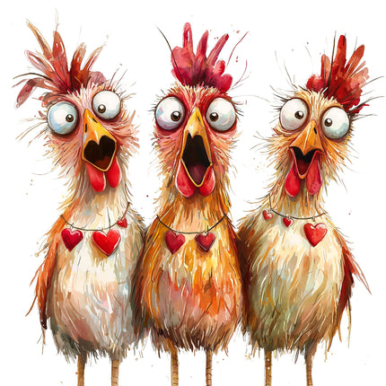 A digitally printed 100% cotton fabric panel featuring a whimsical design of three singing chickens with red hearts on their chests.