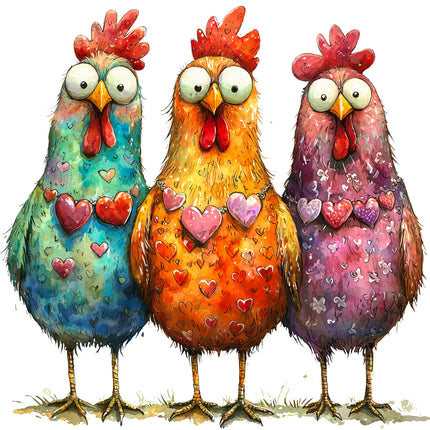 A digitally printed 100% cotton fabric panel featuring three colorful cartoon chickens with hearts.