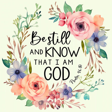 A fabric panel with a floral design and the text 'Be still and know that I am GOD' from Psalm 46:10.