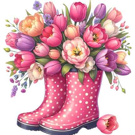 A fabric panel block featuring a pair of pink rain boots filled with a bouquet of colorful tulips