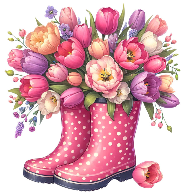 A fabric panel block featuring a pair of pink rain boots filled with a bouquet of colorful tulips