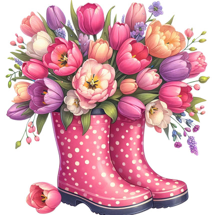 Pink polka dot rain boots filled with a bouquet of colorful flowers quilt panel