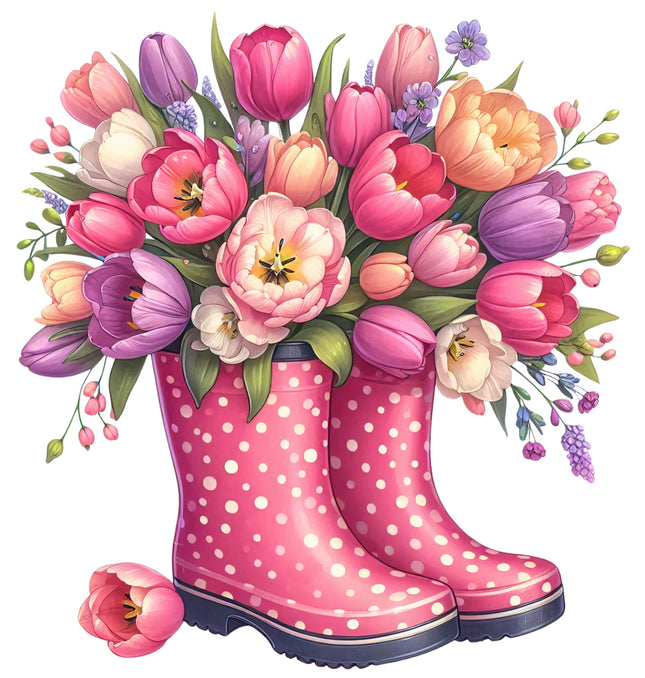 Pink polka dot rain boots filled with a bouquet of colorful flowers quilt panel