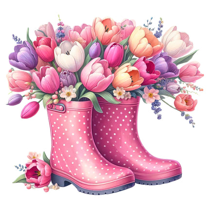 A fabric panel block featuring a pair of pink rain boots filled with a bouquet of colorful tulips and additional spring flowers.