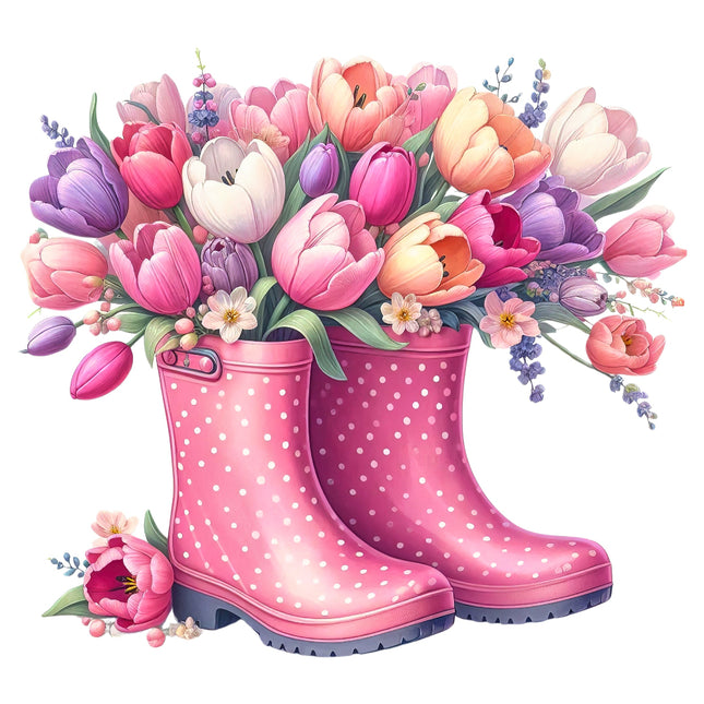 A fabric panel block featuring a pair of pink rain boots filled with a bouquet of colorful tulips and additional spring flowers.
